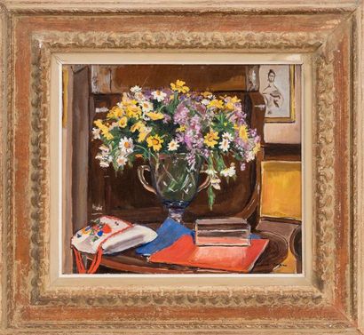 null Renée ASPE (1929-1969) 
Intérieur au vase de fleurs
Huile sur carton signé en...