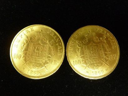 null Lot de deux pièces de 100 francs or 1869. 