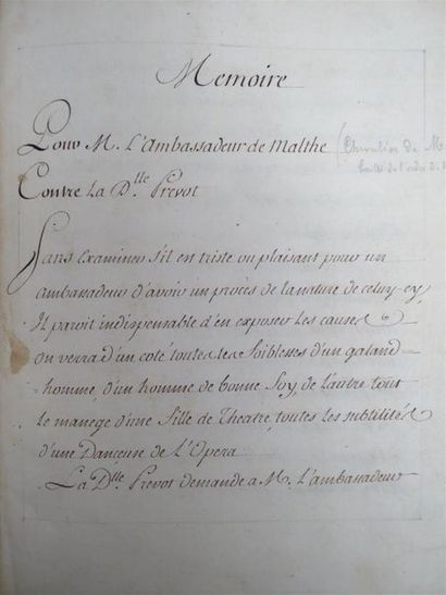 null [MANUSCRIT]. Mémoire pour M. l'ambassadeur de Malthe contre la Demoiselle Prevot.
In-quarto...