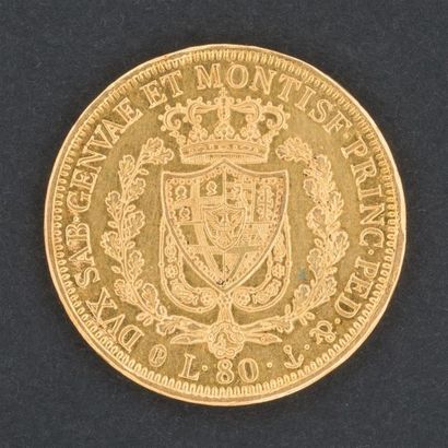 null Pièce de 80 lires or, Gênes 1828.
Charles Felix de Savoie, Italie, Savoie-Sardaigne.
Poids...