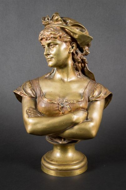 null Léopold HARZE (1831-1893)
Buste de jeune fille 
Sujet en bronze doré, signé
H...