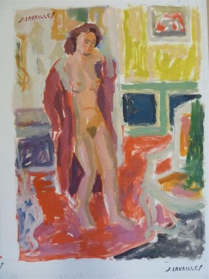 null Jules CAVAILLES (1901-1977) 
Nu au peignoir rouge 
Huile sur traits de crayon...