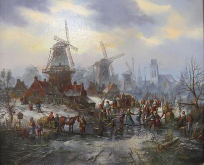 null Jozef KOVACS (1948)
Moulins et paysage hollandais animé sous la neige.
Huile...
