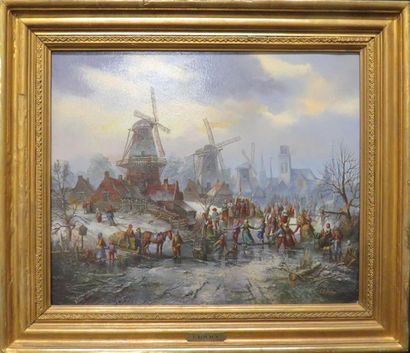 null Jozef KOVACS (1948)
Moulins et paysage hollandais animé sous la neige.
Huile...