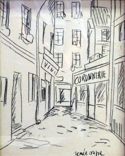 null Renée ASPE (1929-1969)
"Cordnnerie"
Dessin au fusain signée en bas à droite
29...