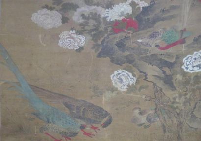 null Peinture sur soie représentant des faisans, canards, des pivoines, et arbres...