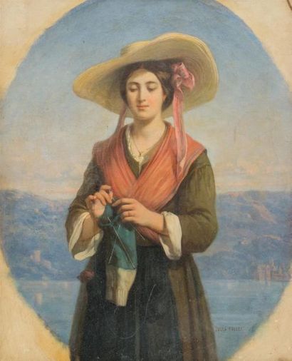 null Jules SALLES-WAGNER (1814-1898)
Jeune femme tricotant devant un lac
Huile sur...