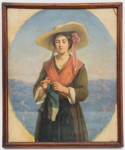 null Jules SALLES-WAGNER (1814-1898)
Jeune femme tricotant devant un lac
Huile sur...