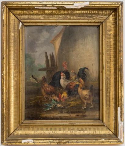 null Claude GUILLEMINET (1821-c.1866)
Les poules
Huile sur panneau, signé en bas...