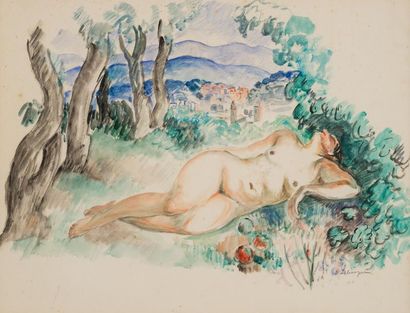 null Henri LEBASQUE (1865 - 1937)
Nu dans un paysage
Aquarelle, signée vers le bas...