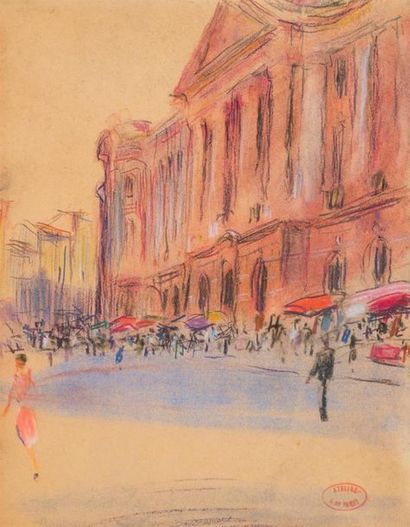 null A. DE PANAT (1886-1965)
La place du Capitole
Crayon de couleur sur papier
26...