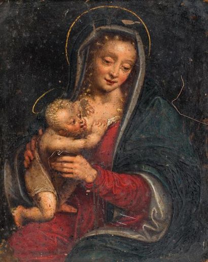 null ECOLE FLAMANDE XVIIe
Vierge à l'Enfant
Huile sur cuivre
16 x 13 cm. (accide...