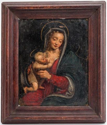 null ECOLE FLAMANDE XVIIe
Vierge à l'Enfant
Huile sur cuivre
16 x 13 cm. (accide...