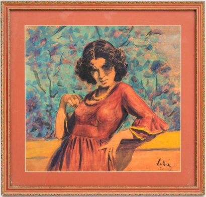 null Emilio VILA (1887-1967)
Jeune femme à la robre rouge
Aquarelle et réhaut de...