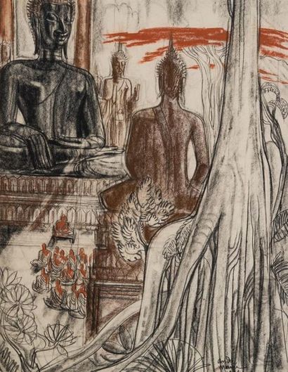 null André MAIRE (1898-1984)
Temple bouddhiste, Angkor?
Technique mixte sur papier,...