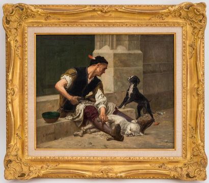 null Louis BAADER (1828-c.1919)
Mendiant et ses chiens
Huile sur toile signée en...