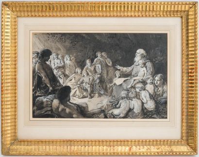 null ECOLE FRANCAISE XIXe
Assemblée de personnages
Dessin au lavis et réhaut de gouache
33...