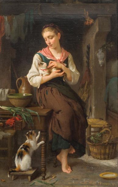 null Emile MUNIER (1810-1895)
Femme et chaton
Huile sur toile signée en bas à droite...