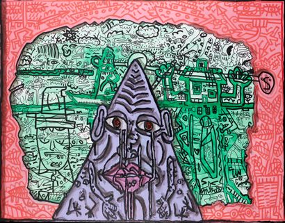 Robert COMBAS, né en 1957 TRIANGULAR JOSIÉ, THE KING OF GREEN LANDSCAPES ON A PINK... Gazette Drouot