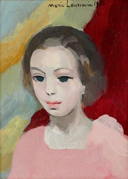 Marie LAURENCIN 1883-1956 MADEMOISELLE LESIEUR À LA ROBE ROSE, 1950
Oil on canvas,... Gazette Drouot