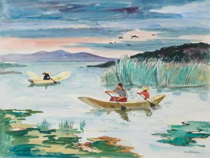 Yves BRAYER 1907-1990 MEXICO: BOATS ON LAKE PÁTZCUARO 
Watercolor signed lower right
48... Gazette Drouot