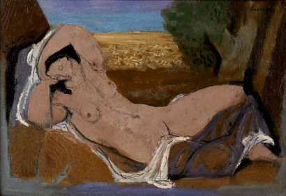Jean SOUVERBIE 1891-1981 LUNGED NUD
Oil on canvas signed upper right
38 x 55 cm

Provenance:... Gazette Drouot