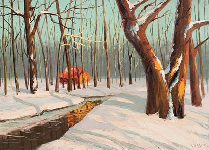 Vladimir VASSINE (né en 1918) Paysage de neige. Huile sur toile marrouffl ée sur...