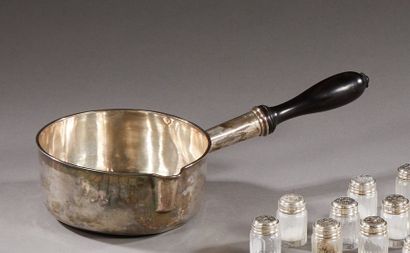 null Silver frying pan with pouring spout, the belly engraved with a baron's tortilla,...