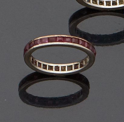 null American platinum wedding ring set with small calibrated rubies (missing a ruby,...