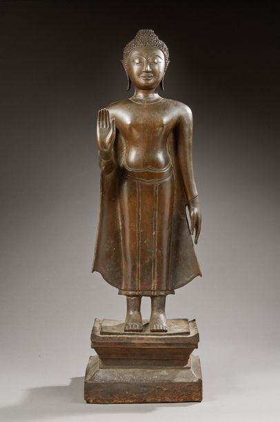 null LAOS - XIXe siècle

Grande statue de bouddha en bronze à patine brune, debout...