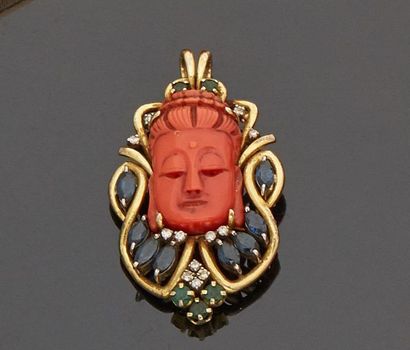 null Pendentif " tête de bouddha" en corail rouge sculpté monté en or jaune 14 k...