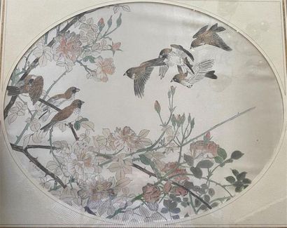 null G. BORDET (XXe)

Oiseaux et branchages fleuris

Impression sur soie signée et...