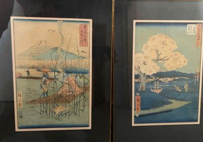 null Deux estampes japonaises encadrées représentant des scènes de vie dans un paysage.

XXe...