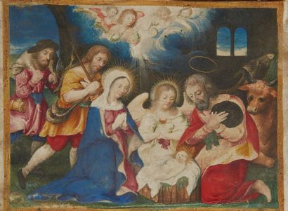 null Gouache sur parchemin représentant la naissance du Christ dans l'étable, entouré...