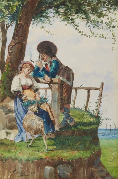 null Ecole ITALIENNE de la fin du XIXème siècle 

Couple galant avec un agneau

Aquarelle,...