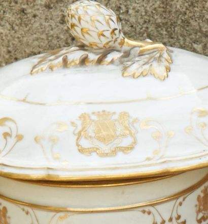 null White and gilded porcelain service part with scroll decoration, decorated with...