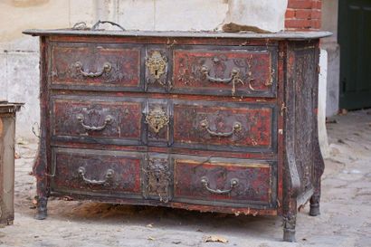 null Crossbow-shaped chest of drawers in blackened wood veneer decorated with copper...