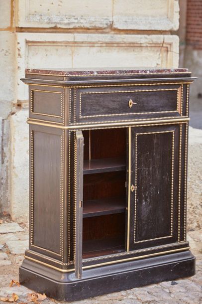 null Pair of blackened wood furniture with a drawer at the top and two leaves at...