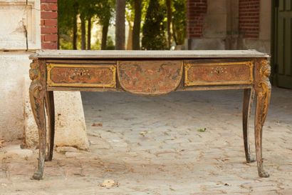 null Flat blackened wooden desk with copper and tortoiseshell marquetry known as...