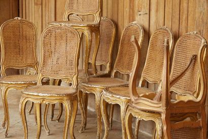 null Suite de neuf petites chaises en bois doré à décor de coquilles, pieds cambrés,...
