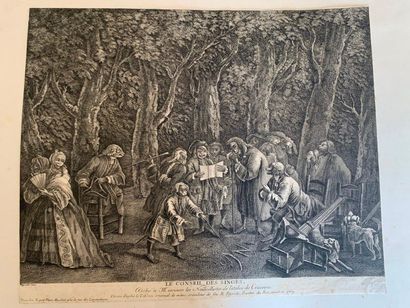 null Lot of many engravings:

- Engraving representing The council of the Monkeys,...