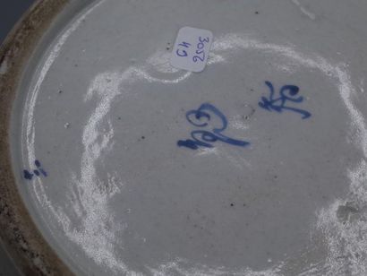 null Bol à poisson en porcelaine de Chine polychrome à fond bleu clair à décor de...