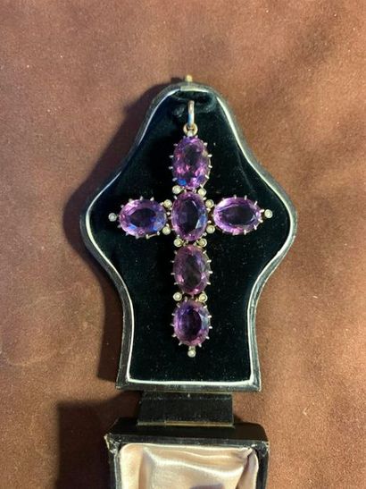 null Large vermeil pectoral cross set with six oval amethysts interspersed with half...