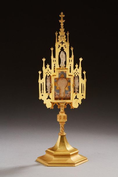 null Gilded bronze monstrance with neo-Gothic openwork decoration adorned with a...