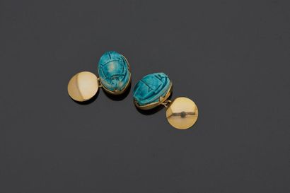 null Pair of cufflinks adorned with two blue French fry beetles, vermeil frames.

Gross...