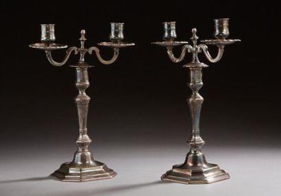 null Pair of silver bronze candelabra with two light arms, octagonal base with cut...