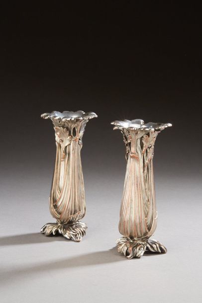 null CHISTOFLE Pair of silver plated metal soliflore of Art Nouveau period, decorated...