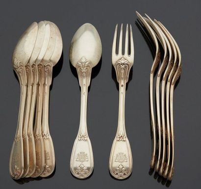null A suite of six flatware (six spoons and six forks) in silver, the spatula decorated...