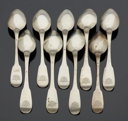 null Nine large spoons model uniplat, the spatula engraved with a wedding band coat...