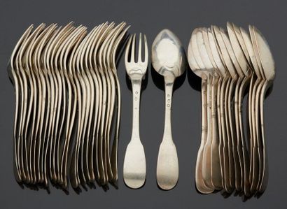 null Twenty-four large forks and fourteen large silver spoons, single flat (impact)...